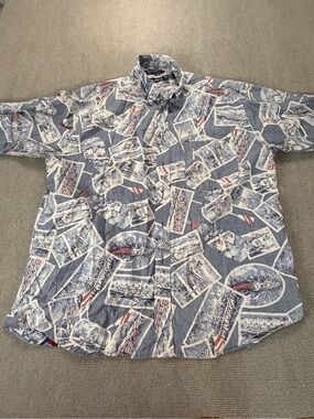 Vintage Nautica 90s Coastal Collage Print Button Front Camp Shirt XL